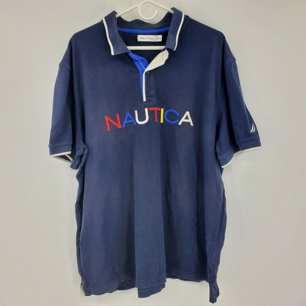 Nautica Spell Out XXL Navy Blue Short Sleeve Embroidered Yacht Pique Polo Shirt